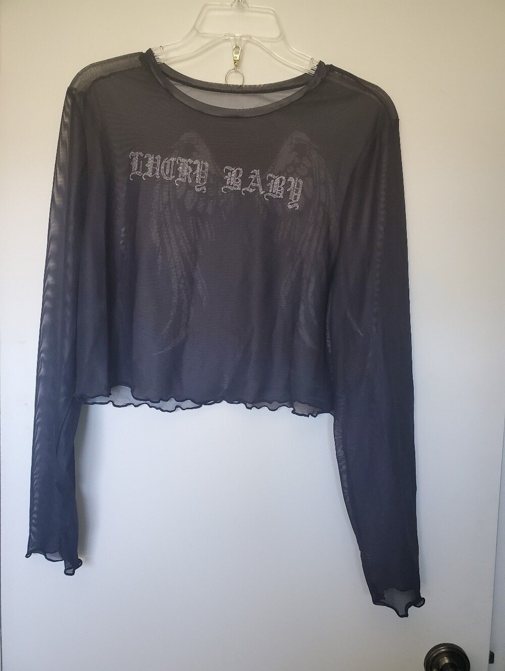 Shein Curve Womans Black Lucky Baby Spellout Meshy Dark Angel Crop Top Sz 4XL